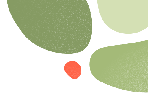 Abstrakt illustration med fire organiske former i grønne og rød-orange nuancer på sort baggrund.