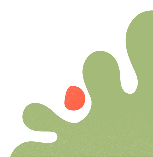En abstrakt illustration med en stor grøn form med buede arme og en mindre rød oval form nær dens centrum på en sort baggrund.