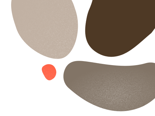 Abstrakte organiske former i brune, beige og en enkelt rødlig farve på sort baggrund.
