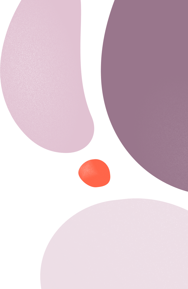 Abstrakte former i bløde pink og lilla nuancer med en lille orange plet på sort baggrund.
