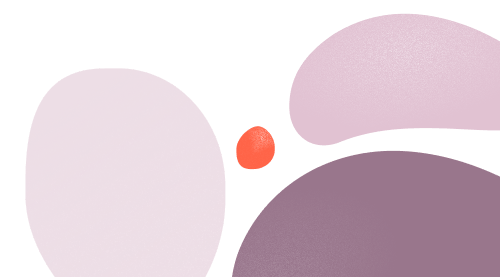 Abstrakte illustration med tre farvede former: en stor lyselilla oval til venstre, en mindre rød-orange oval i midten, og to overlappinger til højre i forskellige nuancer af lilla.