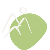 Witte gestileerde berglijn en cirkel op een groene, onregelmatige achtergrond.
