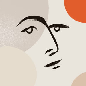 Abstrakt minimalistisk ansigt i sort stregtegning på beige baggrund med bløde, cirkulære former i neutrale og orange toner.