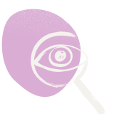 Witte loep vergroot een oog tegen een paarse achtergrond.