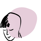 Eenvoudige abstracte illustratie van een gezicht in profiel met een paarse ovale achtergrond.