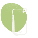 En tegnet telefon foran en grøn, uregelmæssig cirkel med en hvid blob over det øverste højre hjørne af telefonen.