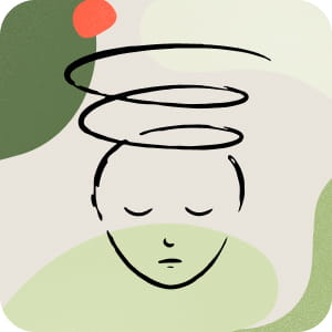 Stregtegning af et ansigt med lukkede øjne og spiralformede linjer over hovedet, der symboliserer hovedpine eller svimmelhed, med abstrakte grønne og orange former i baggrunden.