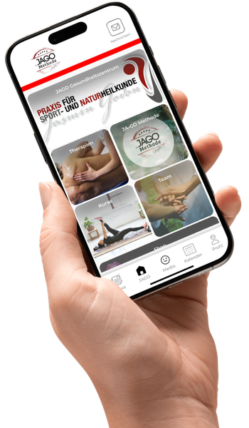 Hand holding smartphone showing JAGO Methode app for sports and naturopathy treatments.