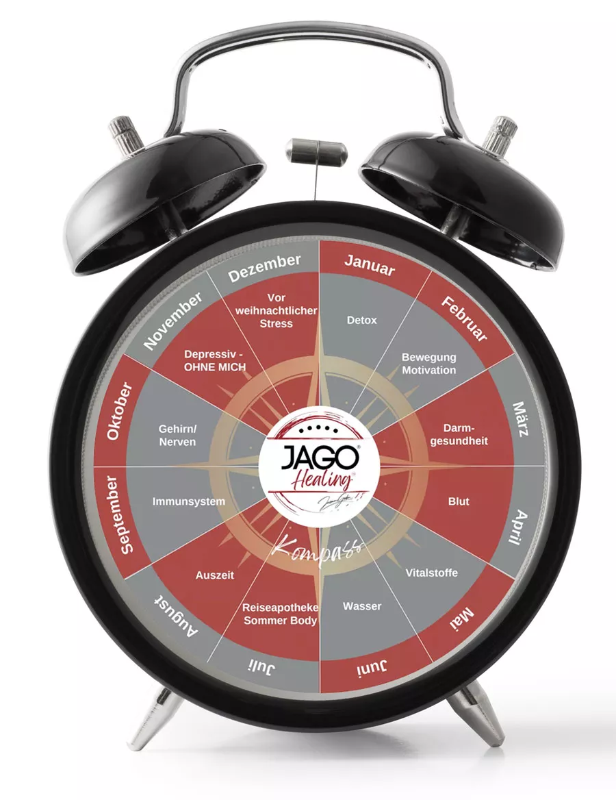 Black alarm clock with a circular health calendar with monthly wellness themes around JAGO Healing logo in the center.