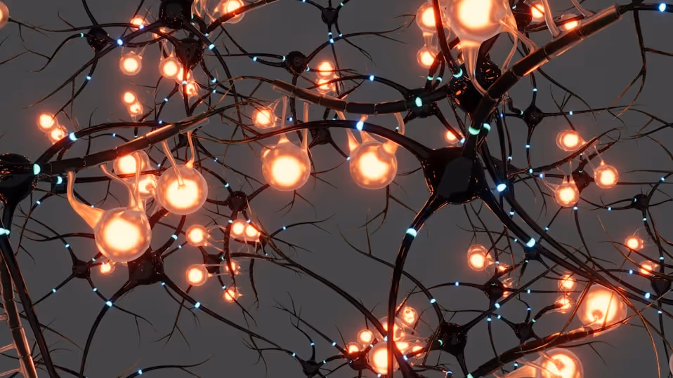 Leuchtende neuronale Synapsen und Nervenfasern in einem vernetzten Gehirnmodell.