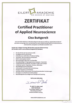 Zertifikat für Clea Buttgereit als Certified Practitioner of Applied Neuroscience von der Eilert Akademie.