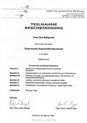 Teilnahmebescheinigung für Clea Buttgereit zur Systemischen Organisationsberatung in Frankfurt, ausgestellt 2000.