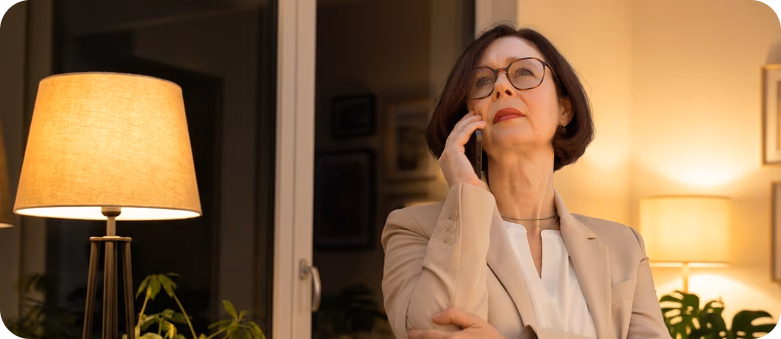 Frau mit Brille und beigem Blazer spricht nachdenklich am Telefon in warm beleuchtetem Raum.