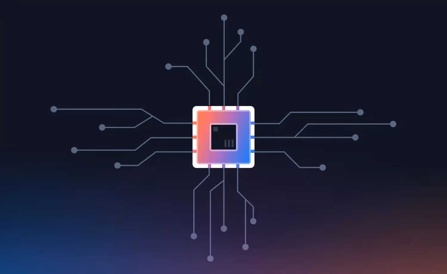 Central processor chip with gradient pink-to-purple coloring connected by circuit board pathways and nodes on dark…
