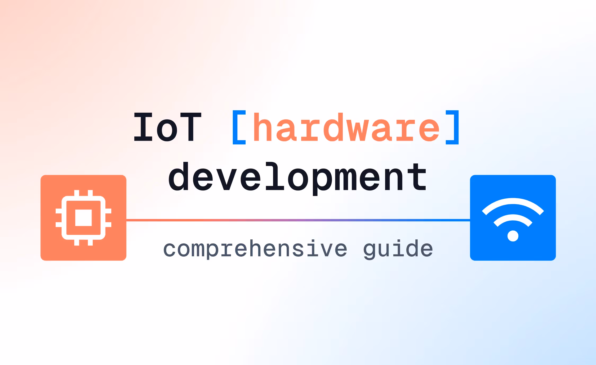 IoT hardware development guide with processor chip icon and WiFi symbol connected by gradient line on gradient…