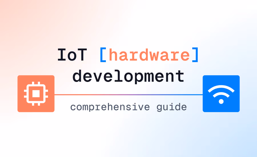IoT hardware development guide with processor chip icon and WiFi symbol connected by gradient line on gradient…