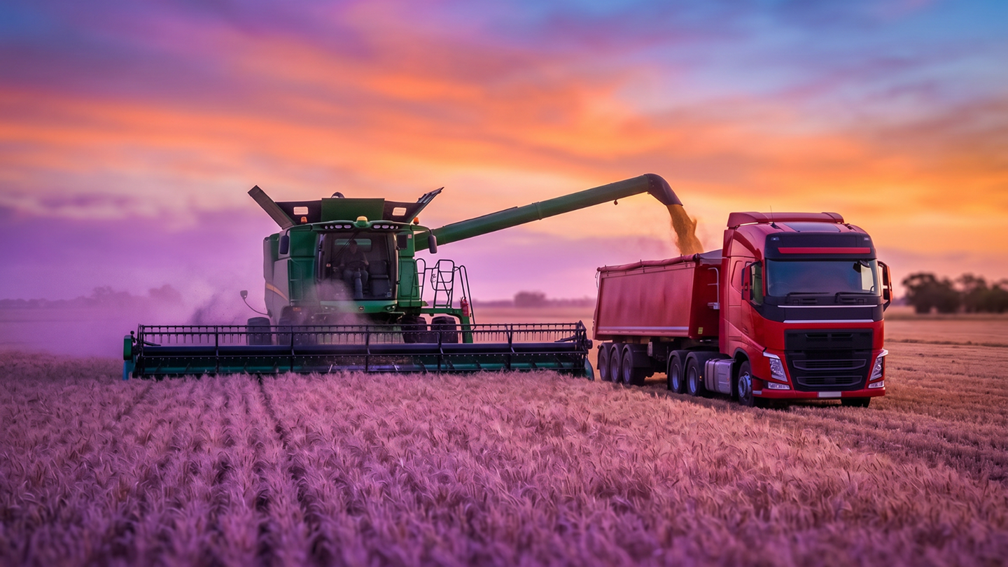 Combine harvester unloading grain into a red truck trailer in a wheat field at sunset
