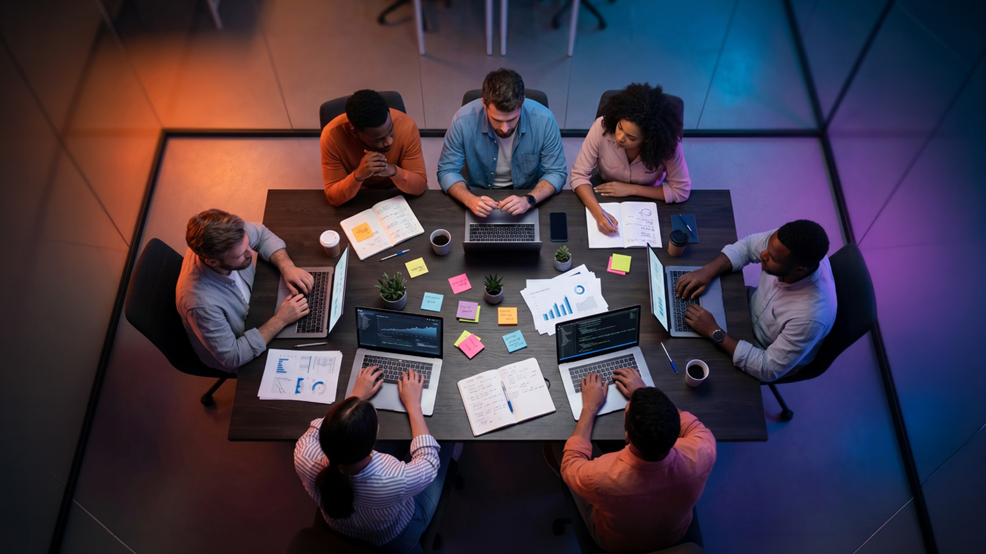 Seven people collaborating around a table with laptops, documents, and colorful sticky notes in a modern office