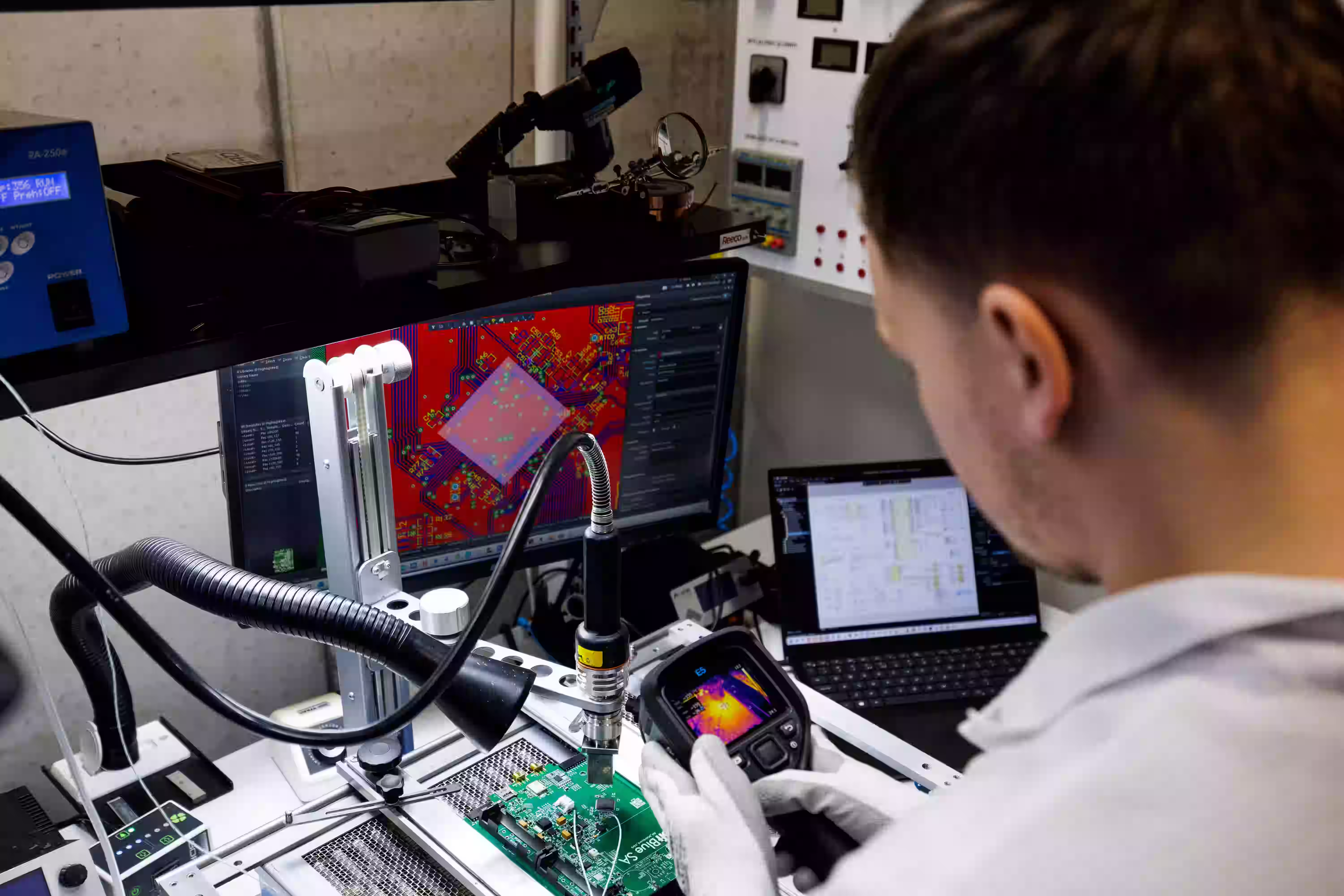 Engineer using thermal imaging camera to inspect a PCB