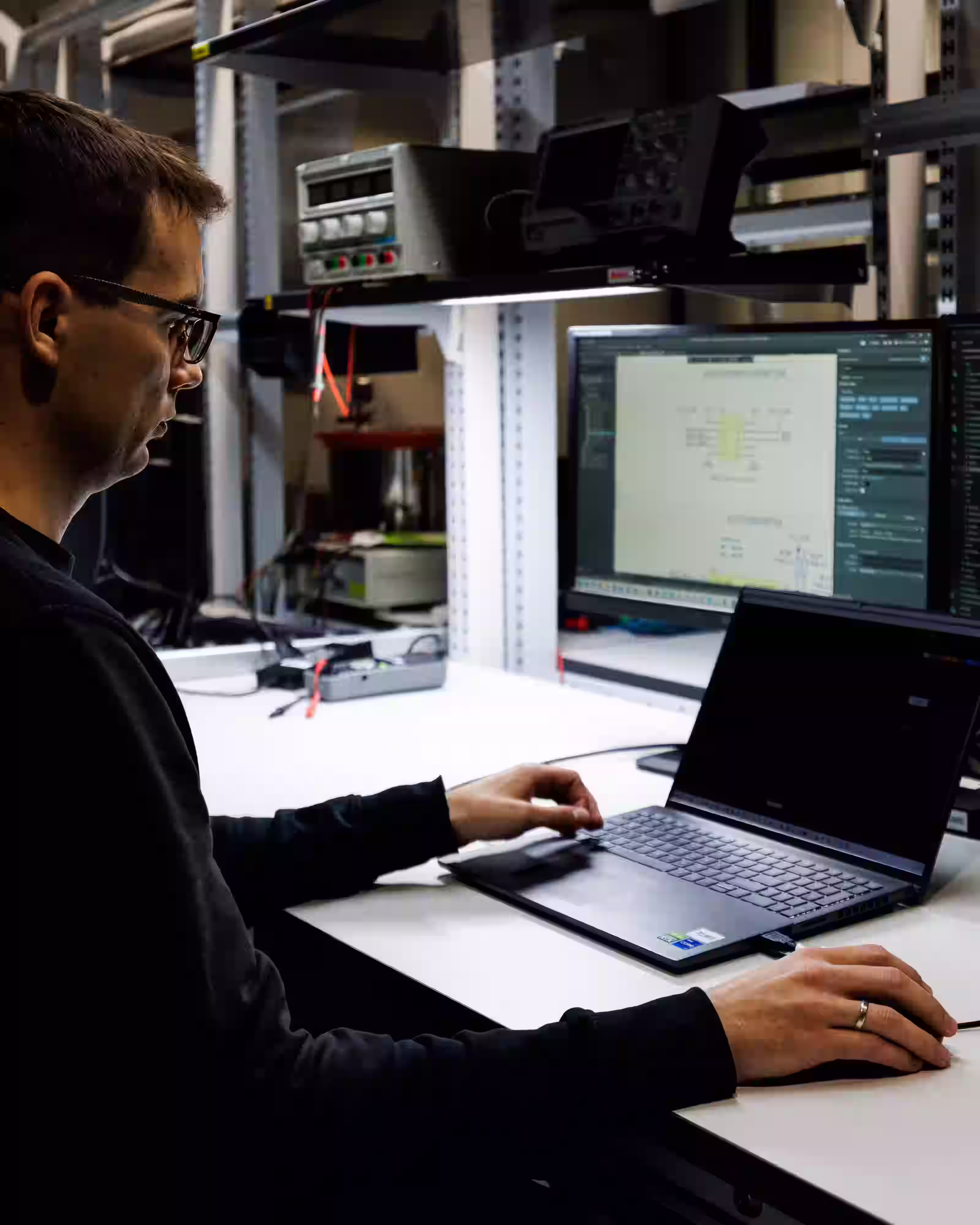 Engineer developing and testing embedded software with connected electronic hardware.