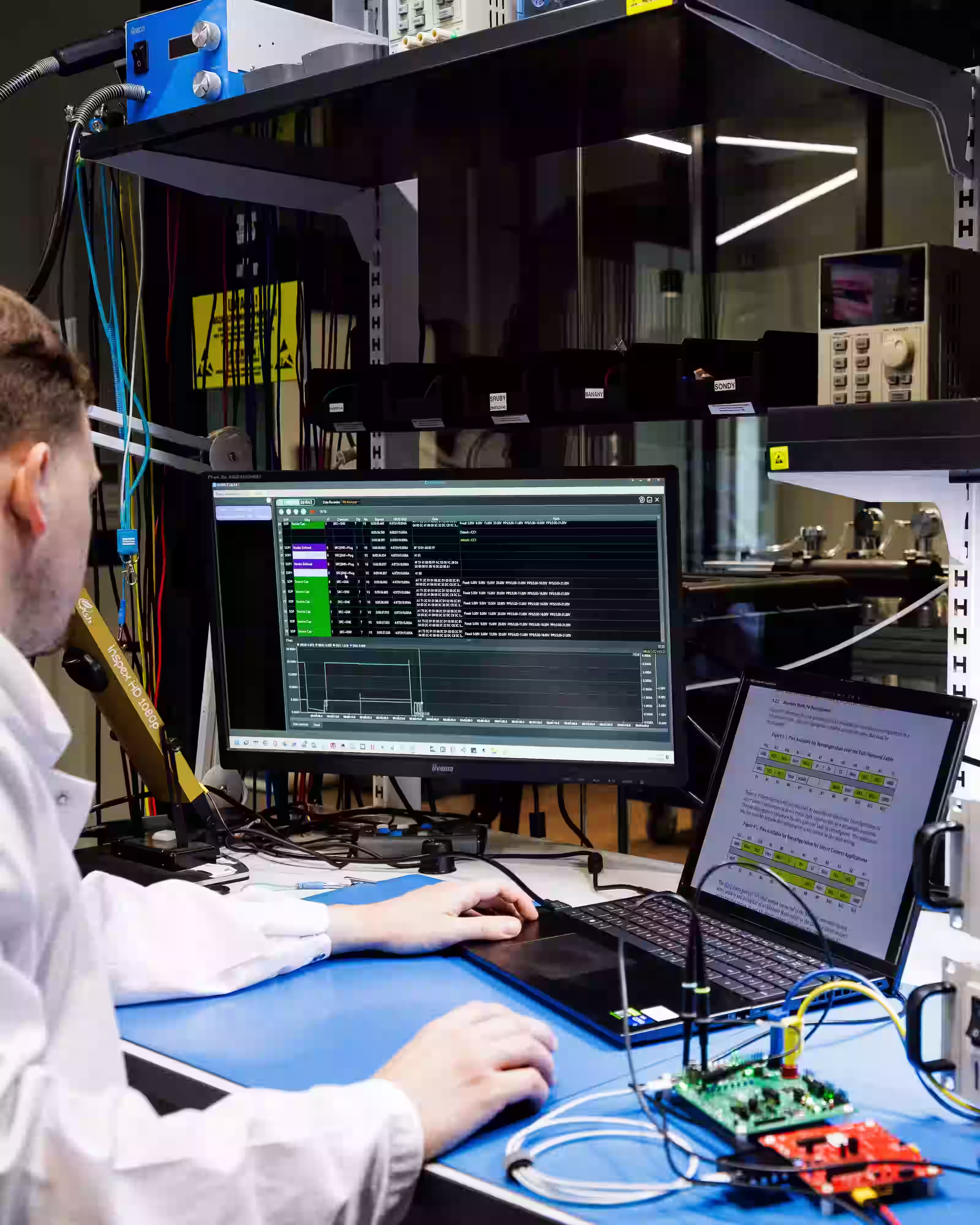 Engineer testing circuit boards with an oscilloscope and laboratory measurement equipment.