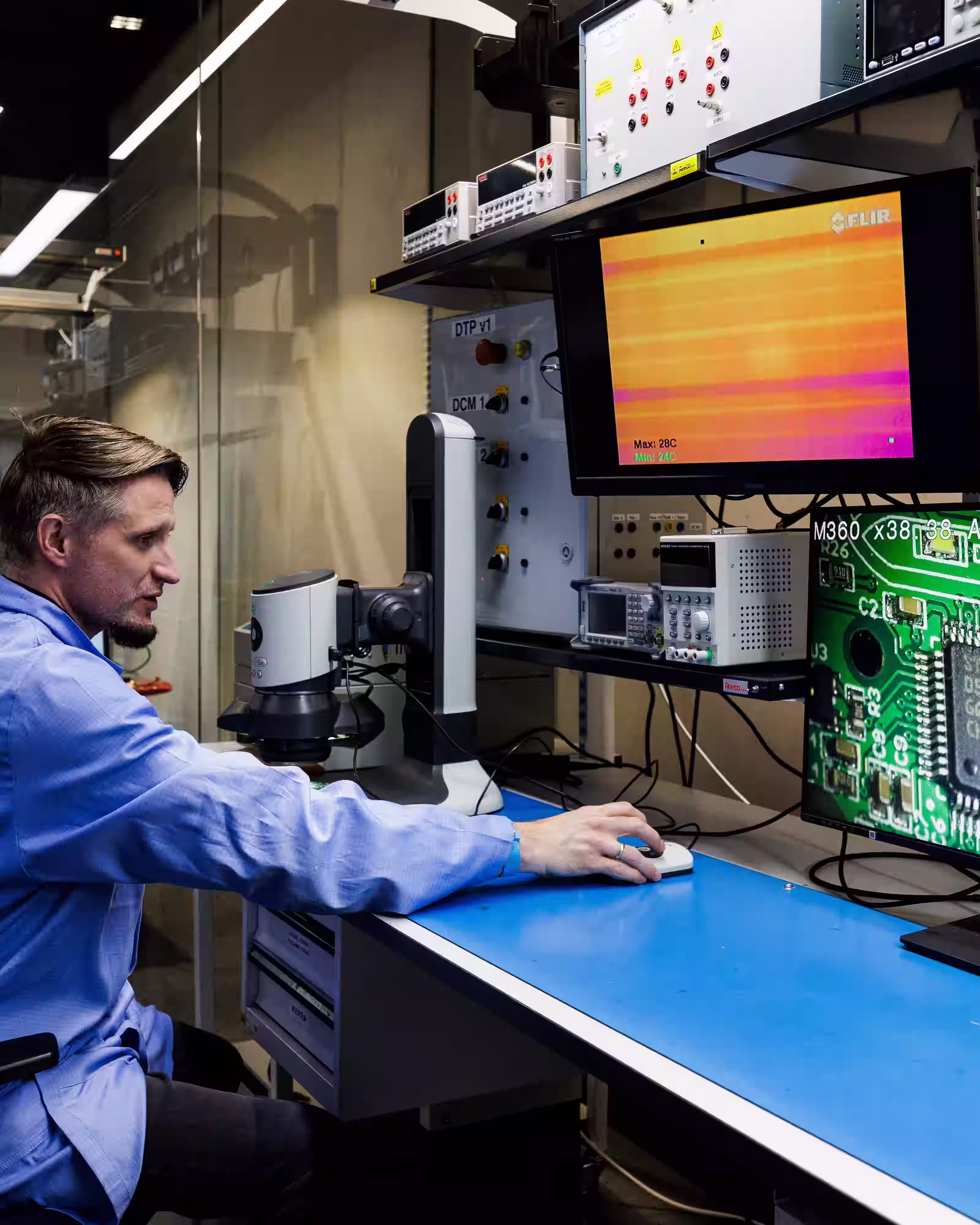 Engineer inspecting a printed circuit board using digital imaging and testing equipment.