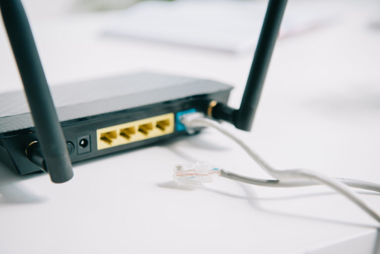Broadband router with Ethernet cable plugged into the WAN port