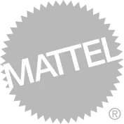 Mattel brand name in white letters on a gray circular background.
