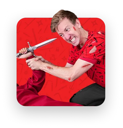 Angry man in red shirt struggles holding a dagger against another person in red sweatshirt on red background.