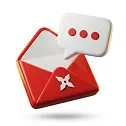 Red and white envelope with a chat bubble containing three red dots above it.