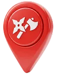 Red map pin icon with white stylized house symbol in the center.