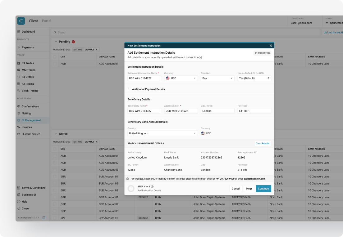 A screenshot of a settlements workflow