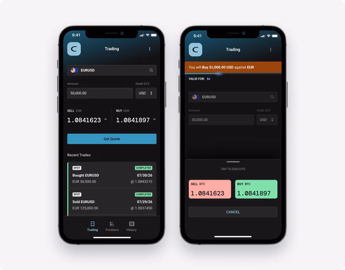 Mobile screens showing Trading workflows