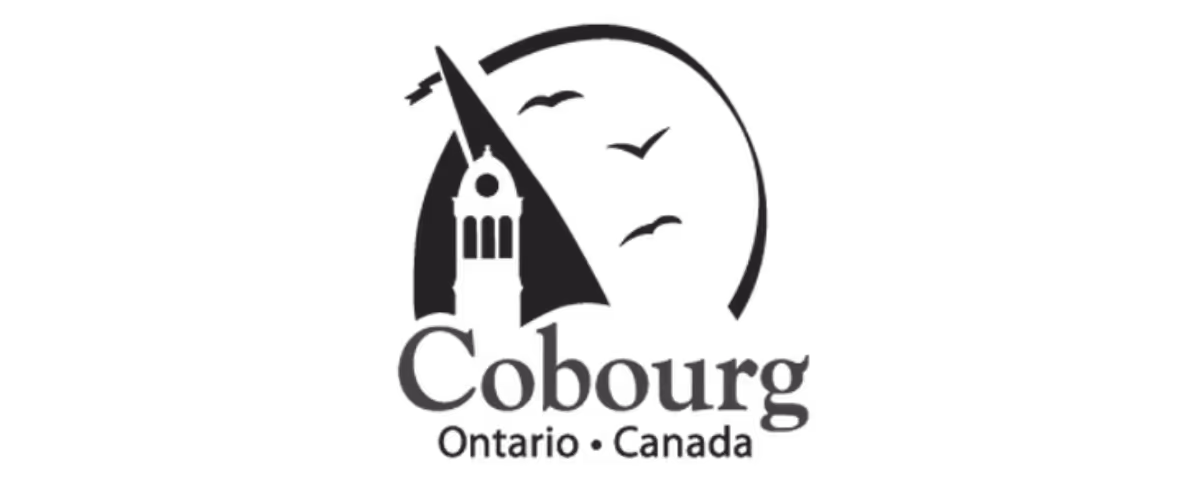 Cobourg logo with a clock tower, sailboat, birds, and text saying Ontario Canada.