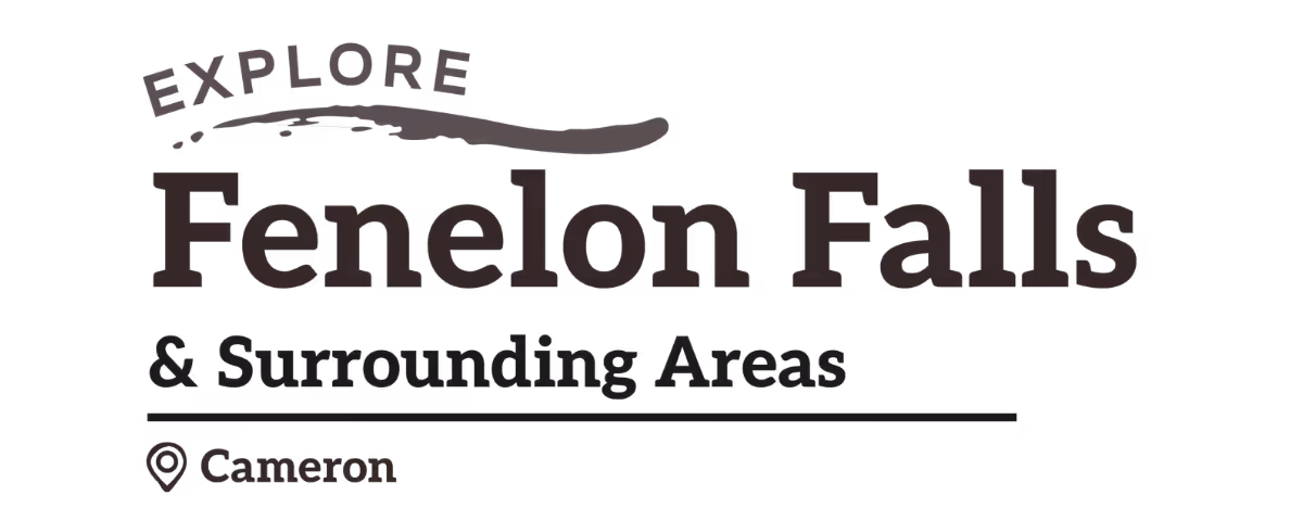 Text logo that says Explore Fenelon Falls & Surrounding Areas with location marker Cameron.