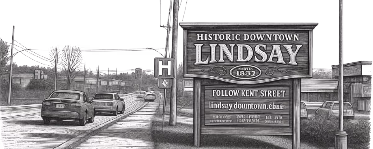 Wooden sign for historic downtown Lindsay on a roadside with cars and buildings in the background.