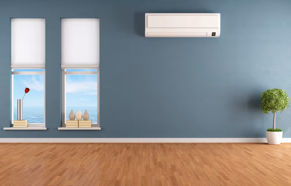 Minimalist room with wood floor, blue wall, white air conditioner, two windows, and a potted plant.