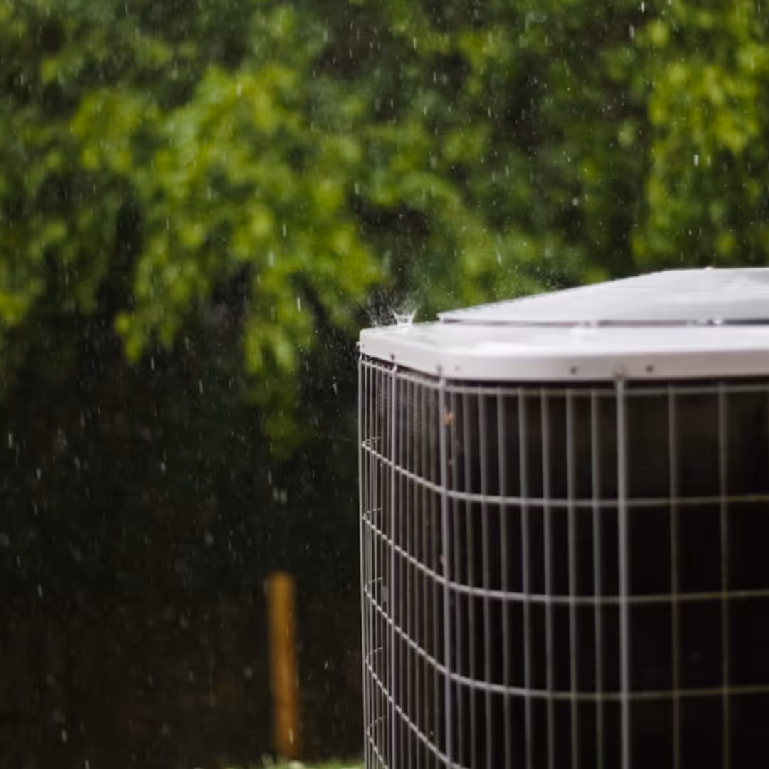 Air conditioning unit outside in rain with water splashing on its top facing green foliage.