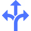 Blue arrow pointing straight with two branches curving left and right.