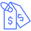 Two blue price tags with dollar signs, representing cost or money.