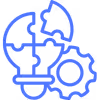 Blue icon of a lightbulb composed of four puzzle pieces with a gear beside it.