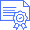 Icon of a document with a ribbon badge featuring a checkmark, symbolizing certification or approval.