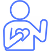 Blue line icon of a person flexing arm muscle with heart symbol on chest.