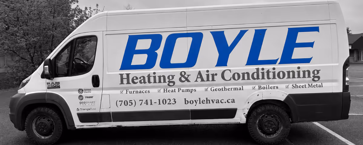 White Boyle Heating & Air Conditioning van with contact number and services listed on its side.