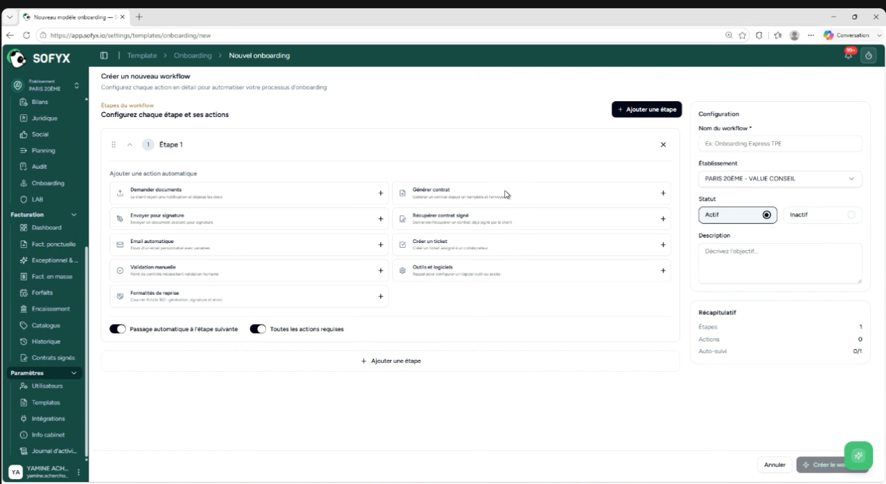 comment créer un workflow personnalisé pour les étapes d'onboarding client avec l'application Sofyx