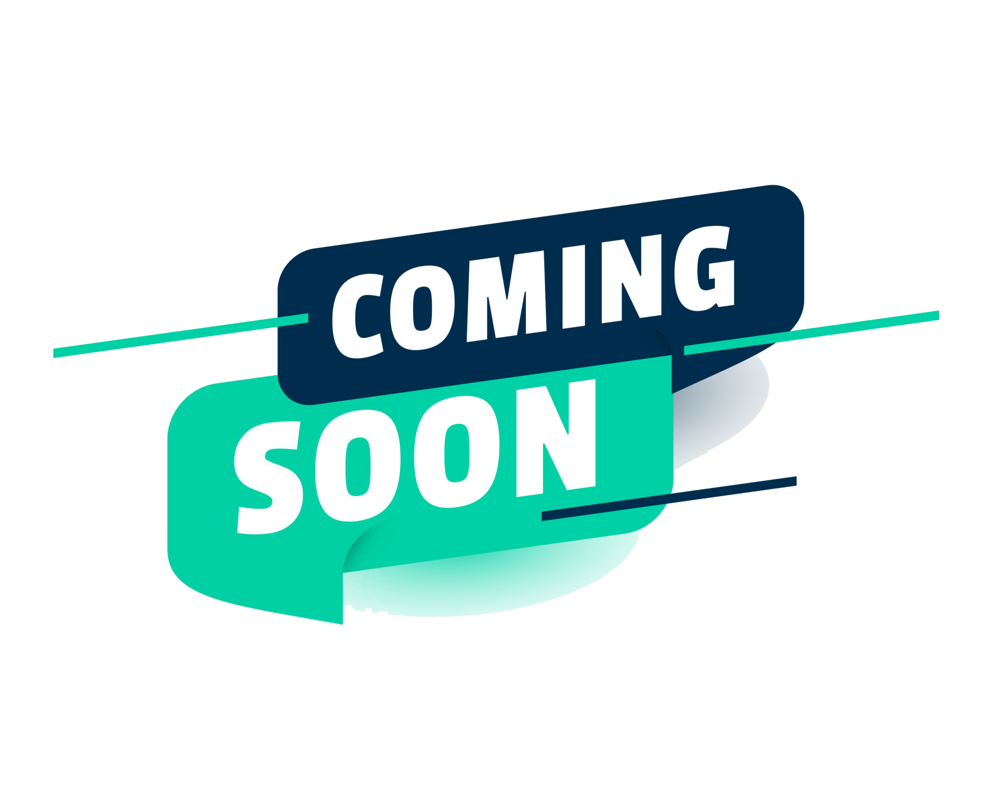 Bold text saying COMING SOON in layered blue and teal speech bubbles.