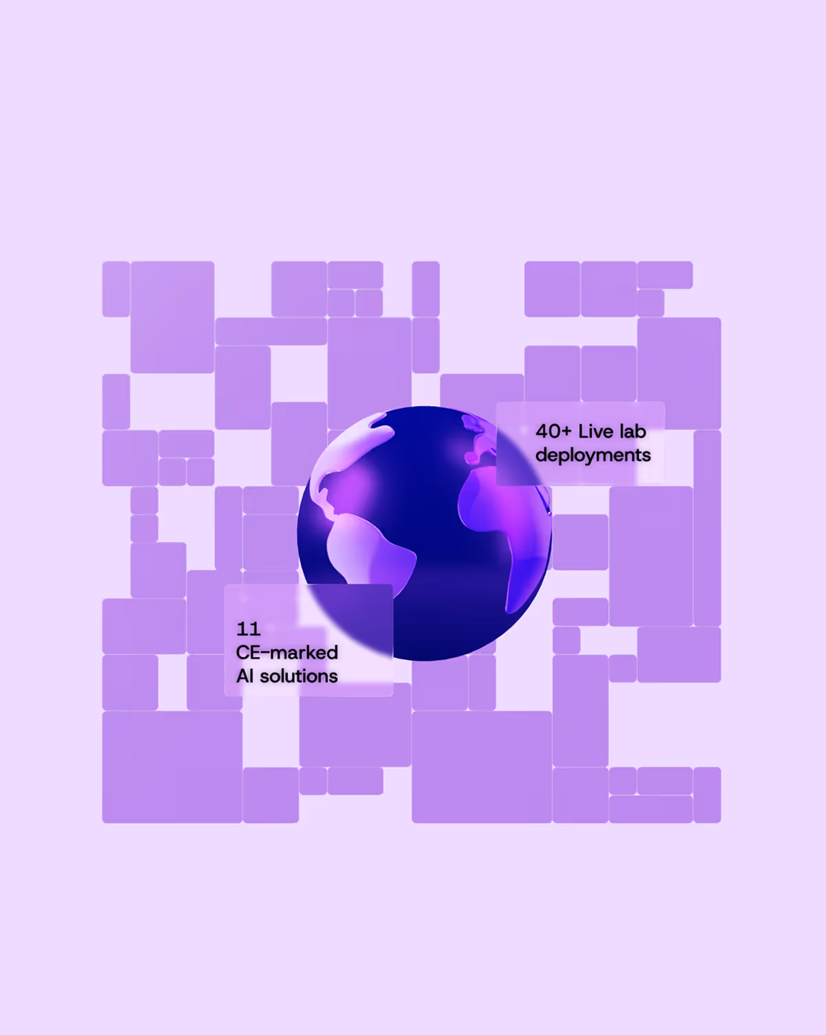 Purple digital globe surrounded by abstract purple blocks with text highlighting 40+ live lab deployments and 11 CE-marked AI solutions.