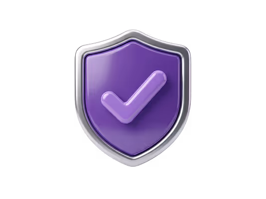 Purple shield with a checkmark symbol, representing security or protection.