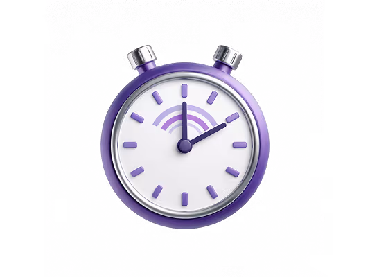 Purple stopwatch showing 12:10 with a white face and two silver buttons.