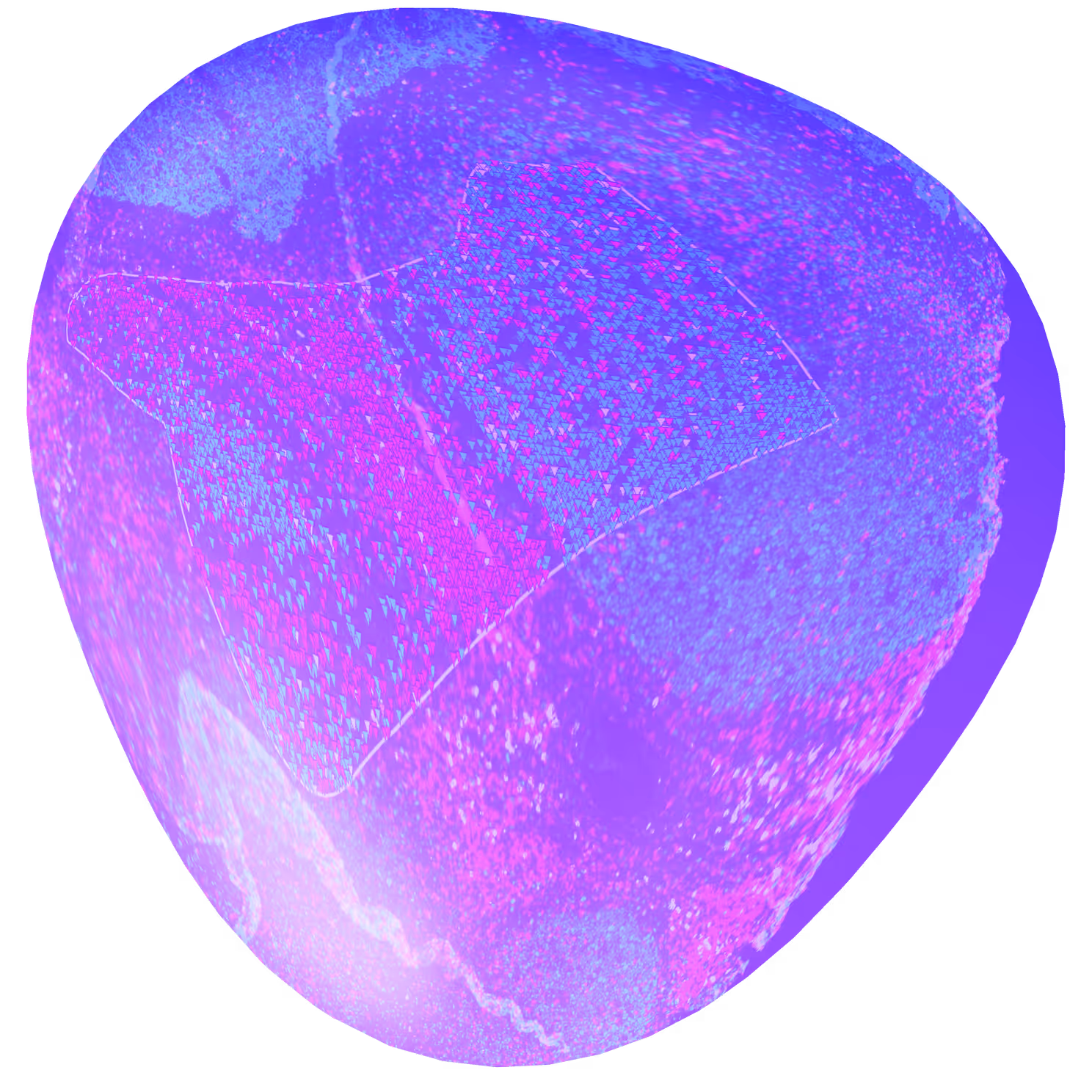 Purple and blue glowing abstract 3D globe with small triangular markers and grid lines.